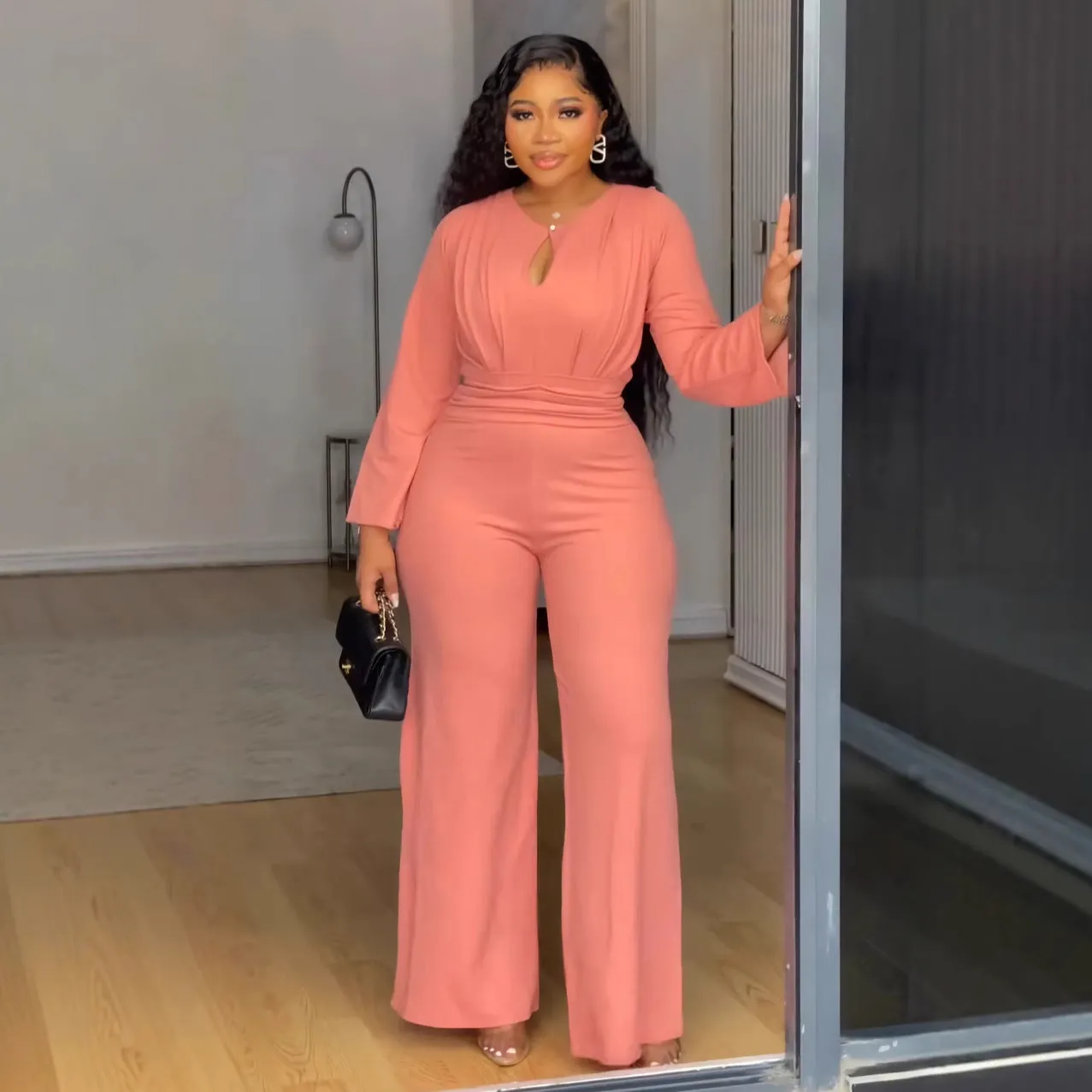 Elegant Stretch Slim Hollow-out Cinched Wide Leg Jumpsuit