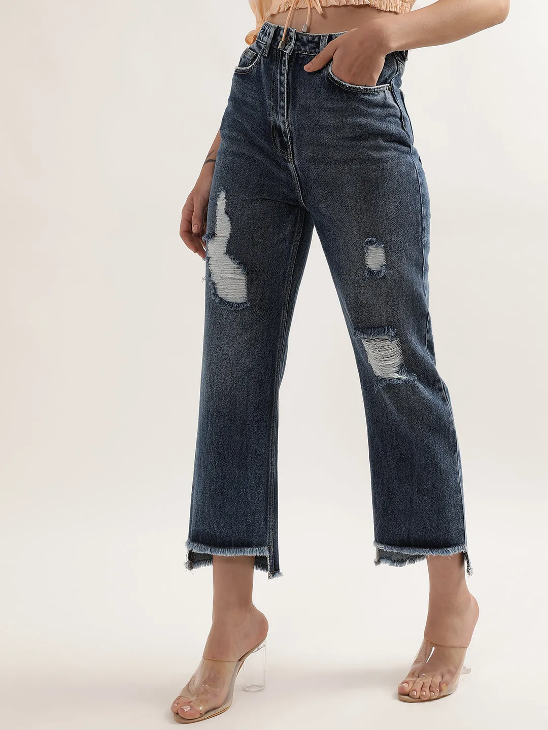 Elle Women Mid Blue Solid Regular Fit Jeans