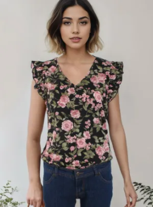 Fashion Summer Floral Print Ruffle Sleeve V-Neck
