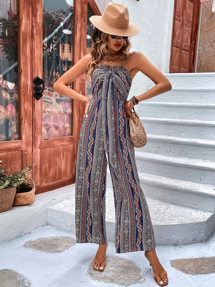 Fashion Women Wrap Python Suspender Wide Leg Jumpsuit