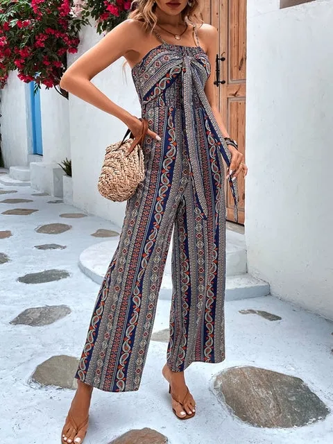 Fashion Women Wrap Python Suspender Wide Leg Jumpsuit