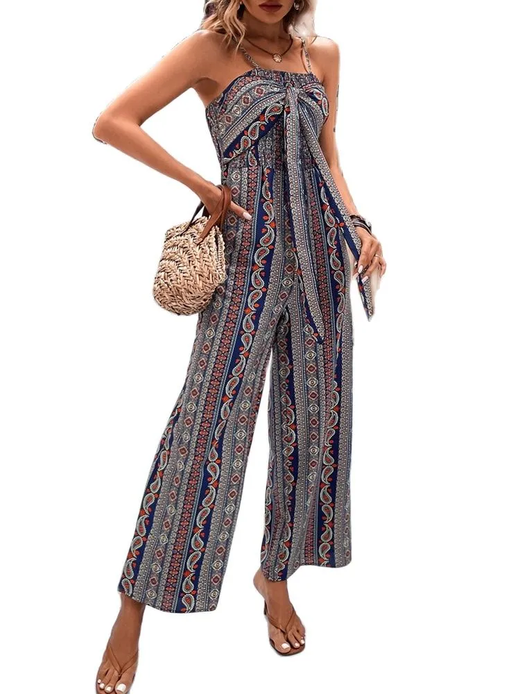 Fashion Women Wrap Python Suspender Wide Leg Jumpsuit