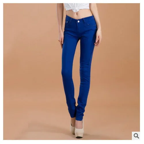 female slim show thin candycolor pencil denim pants / women's solid color casual carry buttock jeans