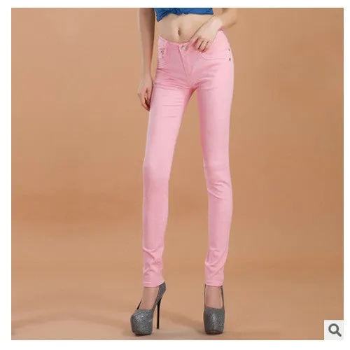 female slim show thin candycolor pencil denim pants / women's solid color casual carry buttock jeans