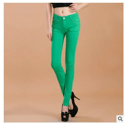 female slim show thin candycolor pencil denim pants / women's solid color casual carry buttock jeans