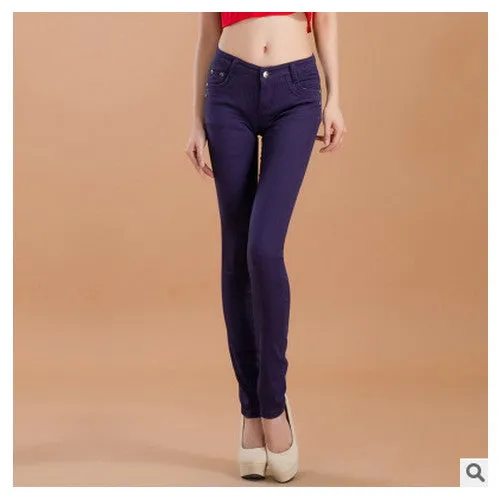 female slim show thin candycolor pencil denim pants / women's solid color casual carry buttock jeans