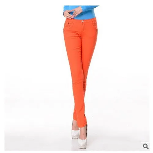 female slim show thin candycolor pencil denim pants / women's solid color casual carry buttock jeans