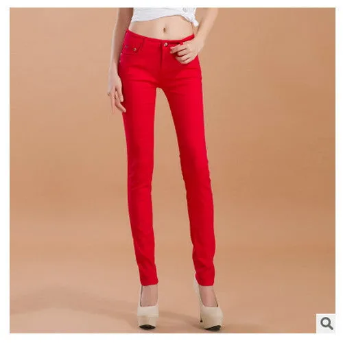 female slim show thin candycolor pencil denim pants / women's solid color casual carry buttock jeans