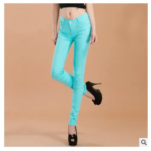 female slim show thin candycolor pencil denim pants / women's solid color casual carry buttock jeans
