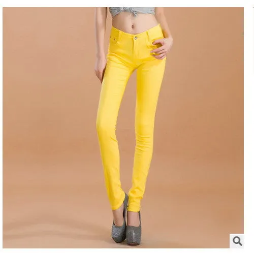 female slim show thin candycolor pencil denim pants / women's solid color casual carry buttock jeans