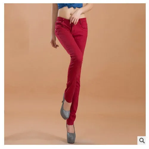 female slim show thin candycolor pencil denim pants / women's solid color casual carry buttock jeans