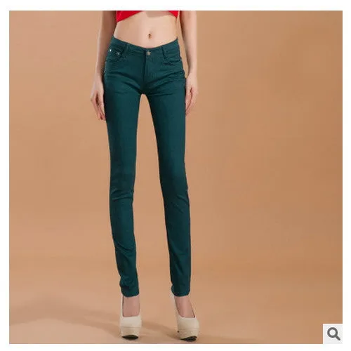 female slim show thin candycolor pencil denim pants / women's solid color casual carry buttock jeans
