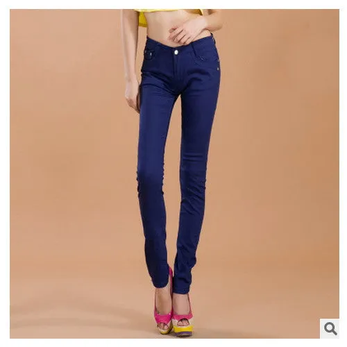 female slim show thin candycolor pencil denim pants / women's solid color casual carry buttock jeans
