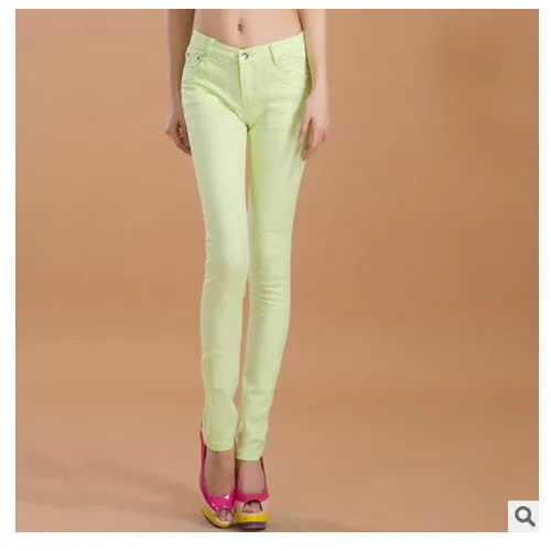female slim show thin candycolor pencil denim pants / women's solid color casual carry buttock jeans
