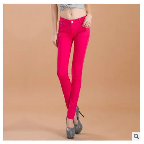 female slim show thin candycolor pencil denim pants / women's solid color casual carry buttock jeans