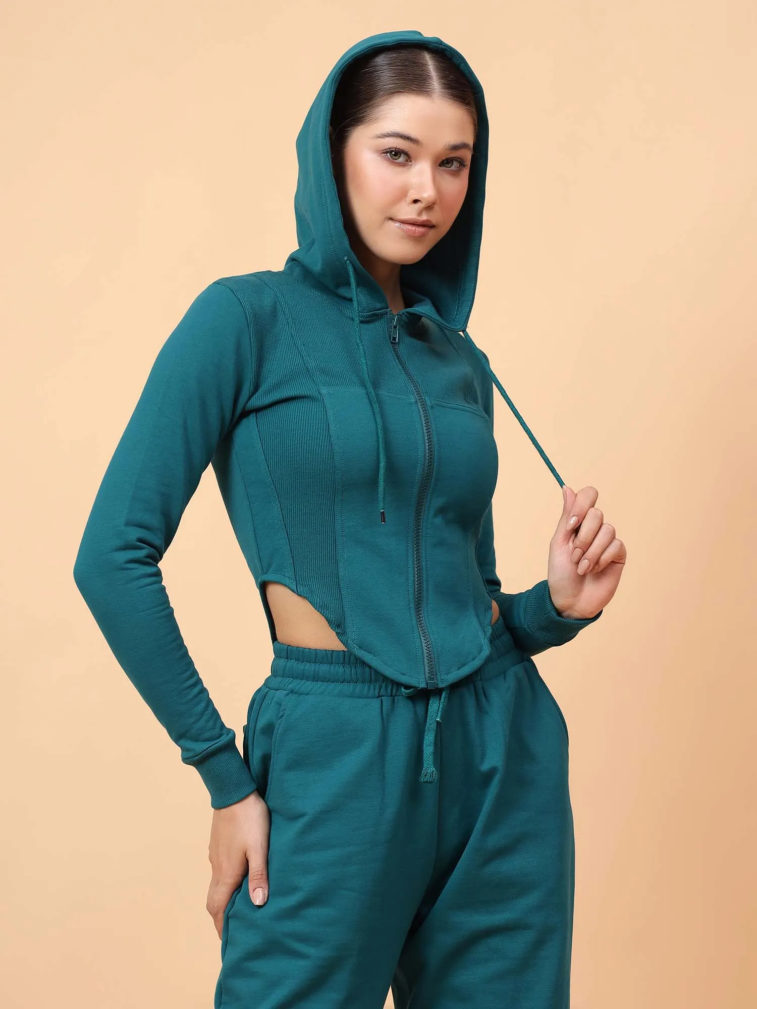 Fikin Women Teal Fleece Corset Jacket