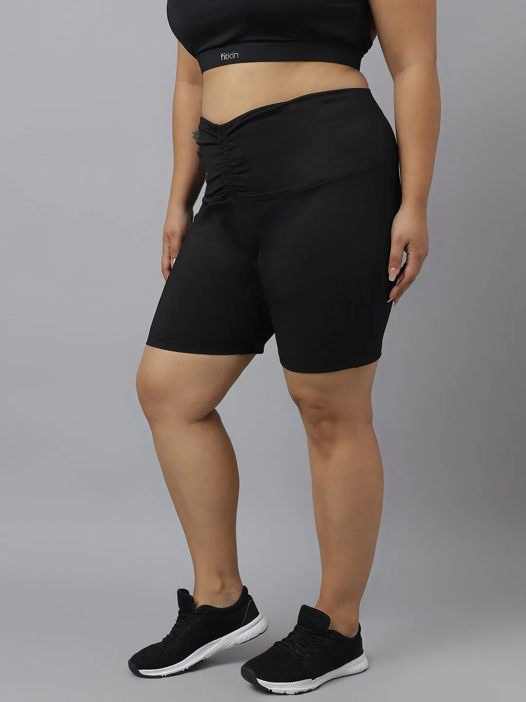 Fitkin Plus Size Super Soft Black Cinched Waist Biker Shorts
