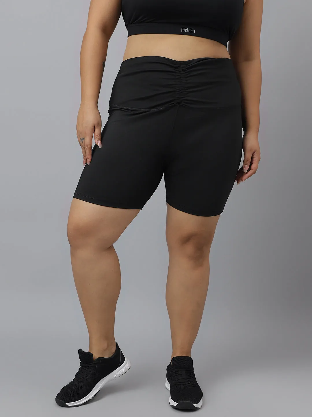 Fitkin Plus Size Super Soft Black Cinched Waist Biker Shorts