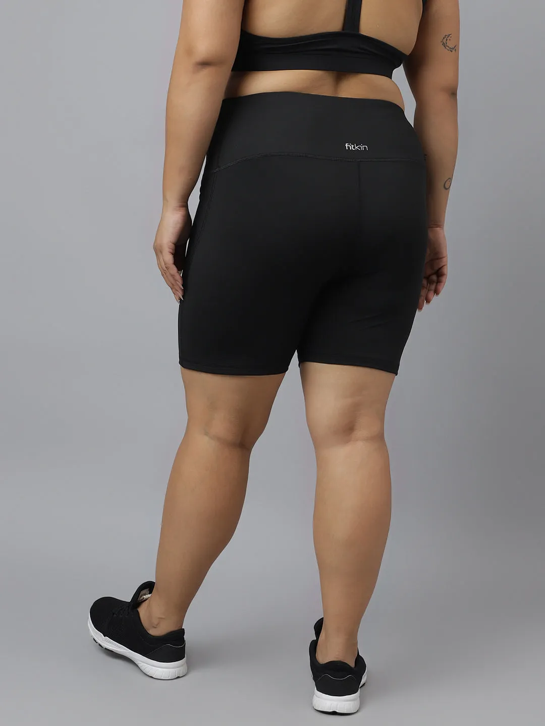 Fitkin Plus Size Super Soft Black Cinched Waist Biker Shorts