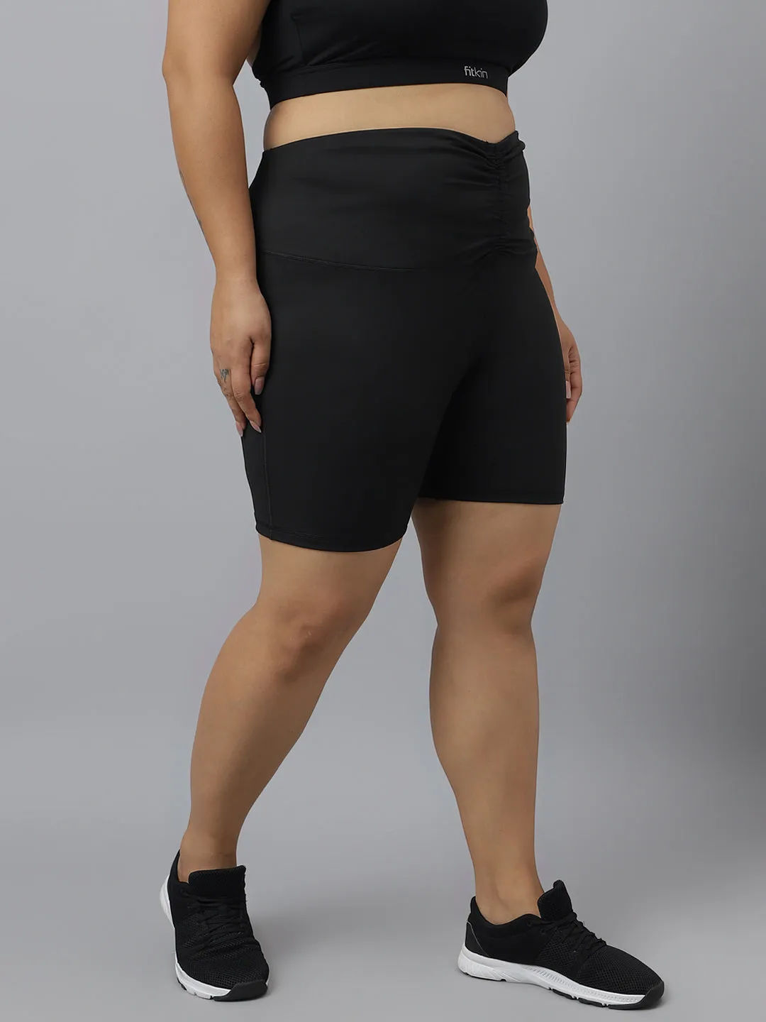 Fitkin Plus Size Super Soft Black Cinched Waist Biker Shorts