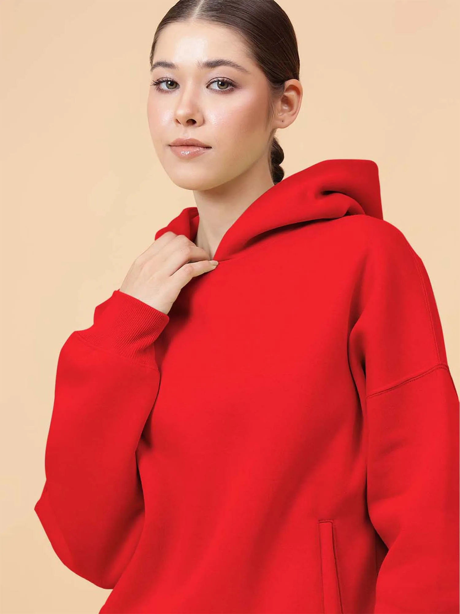 Fitkin Women Solid Red CozyCore Fleece Hoodie
