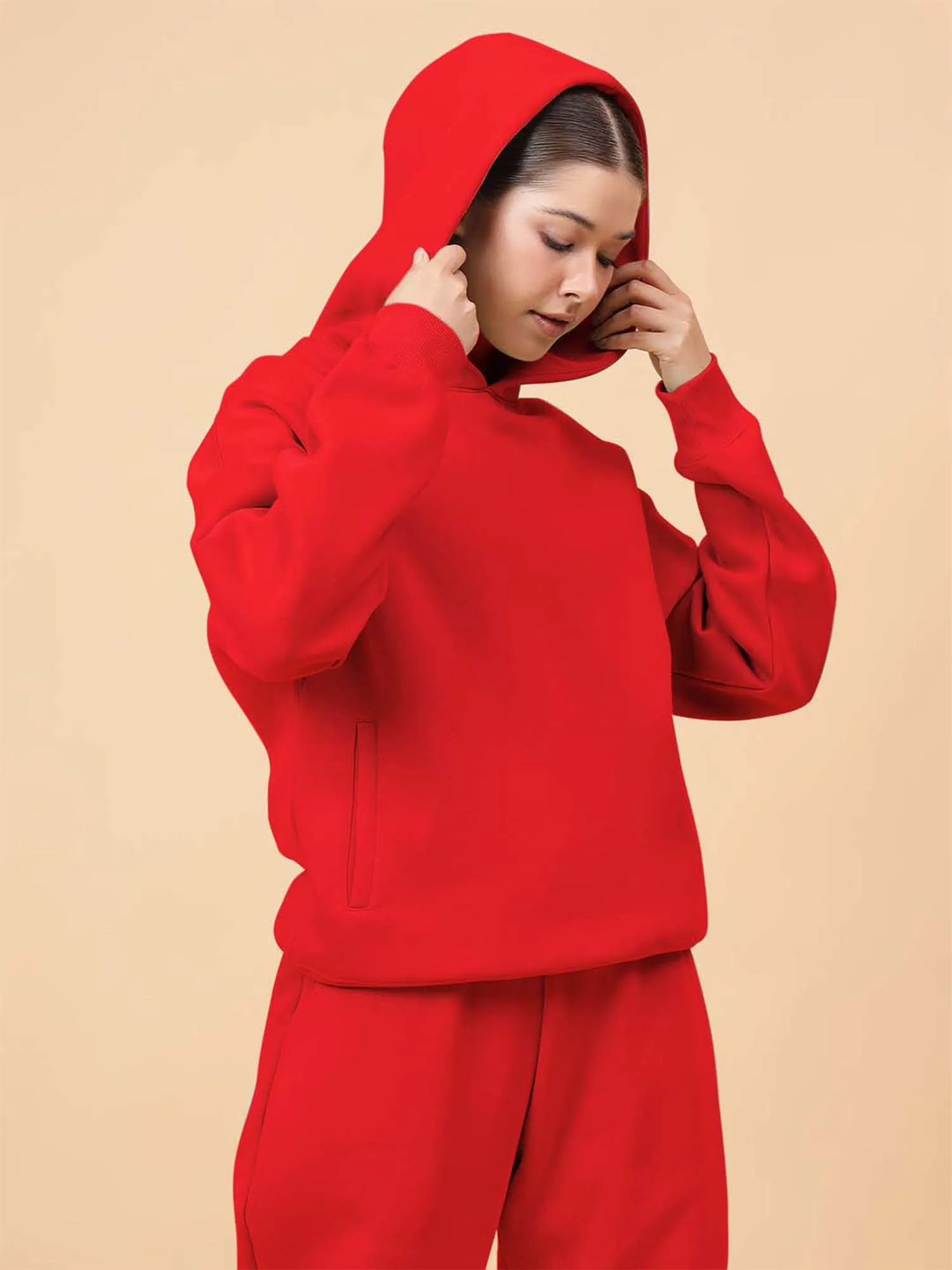 Fitkin Women Solid Red CozyCore Fleece Hoodie