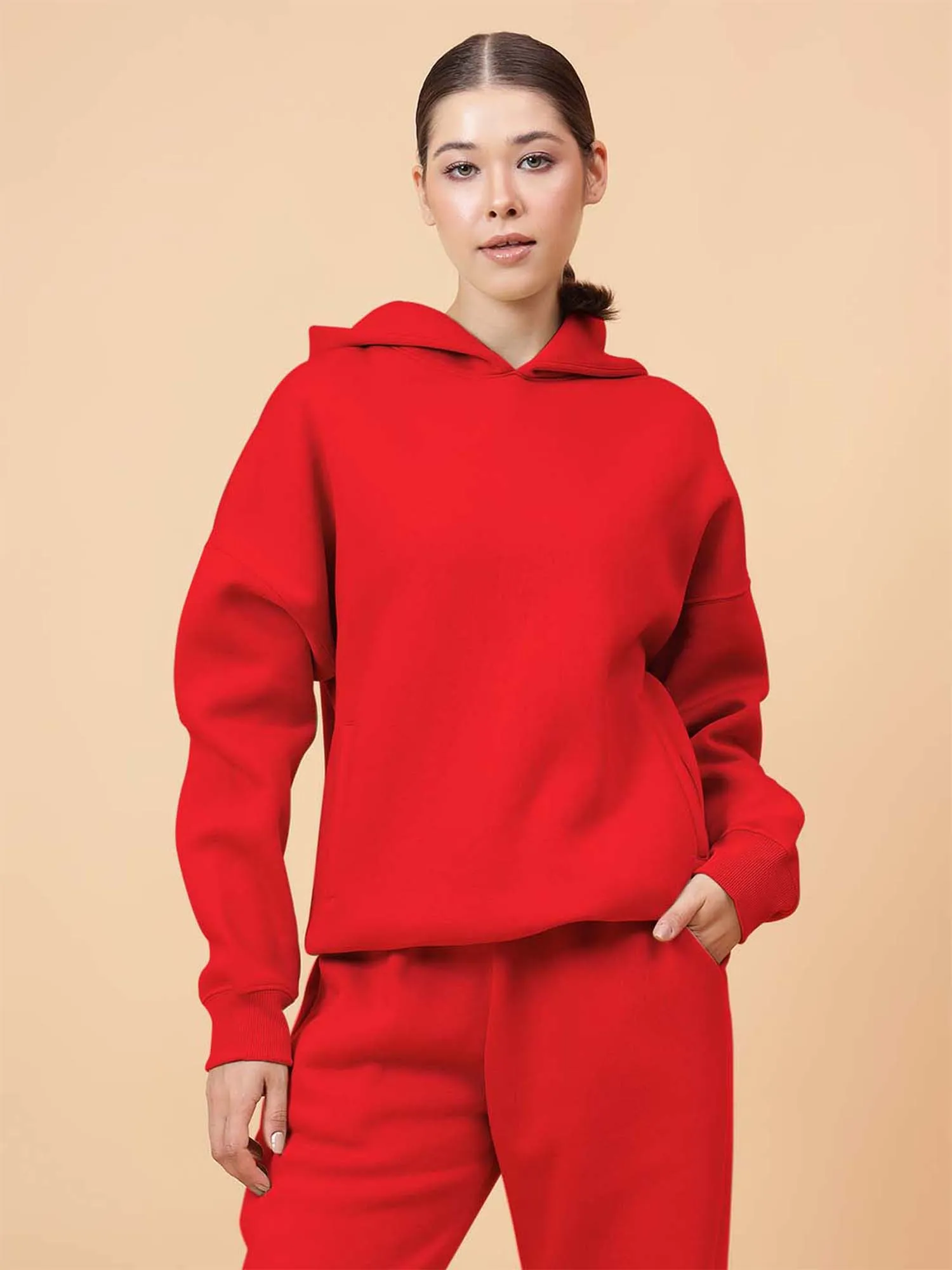 Fitkin Women Solid Red CozyCore Fleece Hoodie