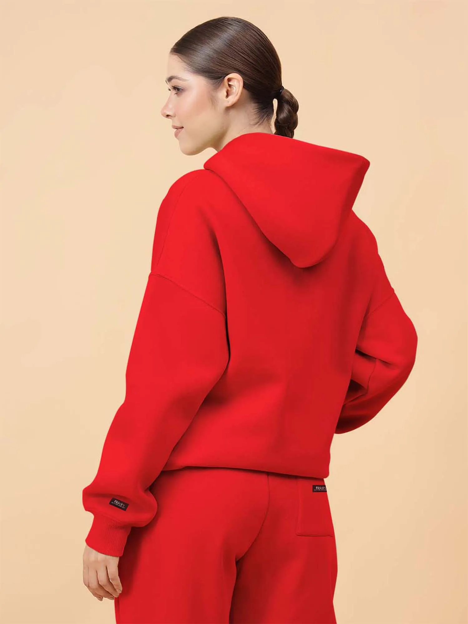 Fitkin Women Solid Red CozyCore Fleece Hoodie