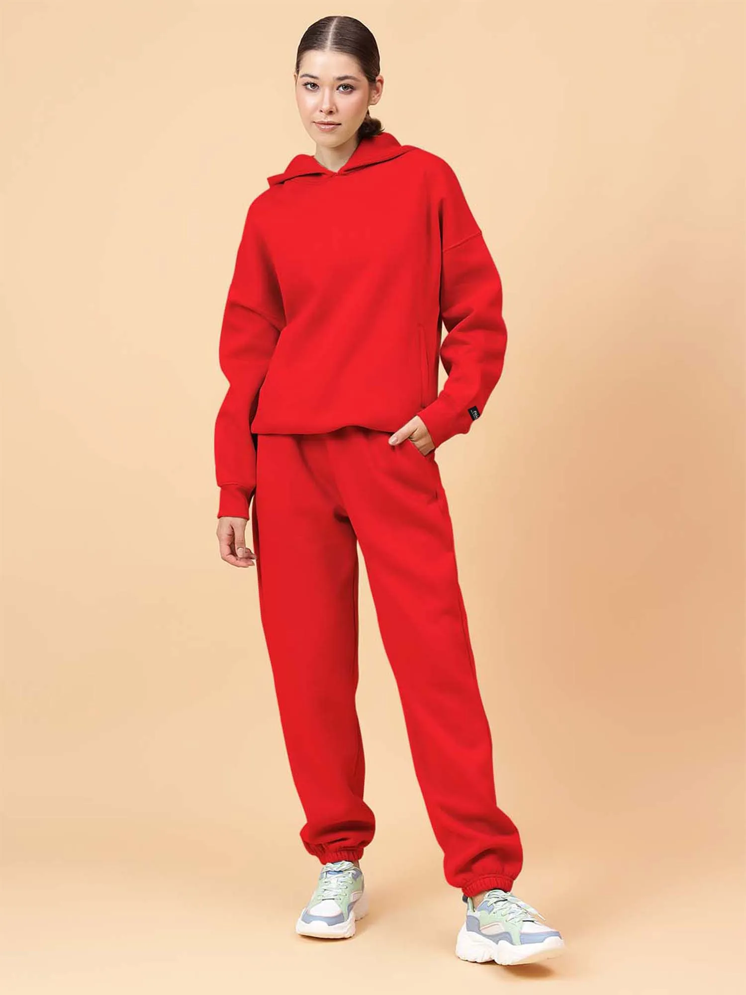 Fitkin Women Solid Red CozyCore Fleece Hoodie