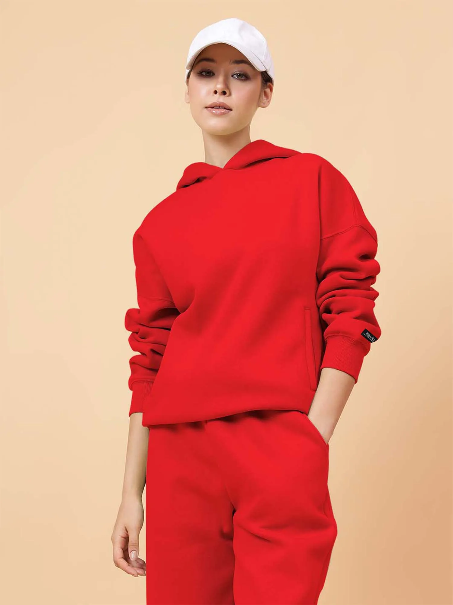 Fitkin Women Solid Red CozyCore Fleece Hoodie