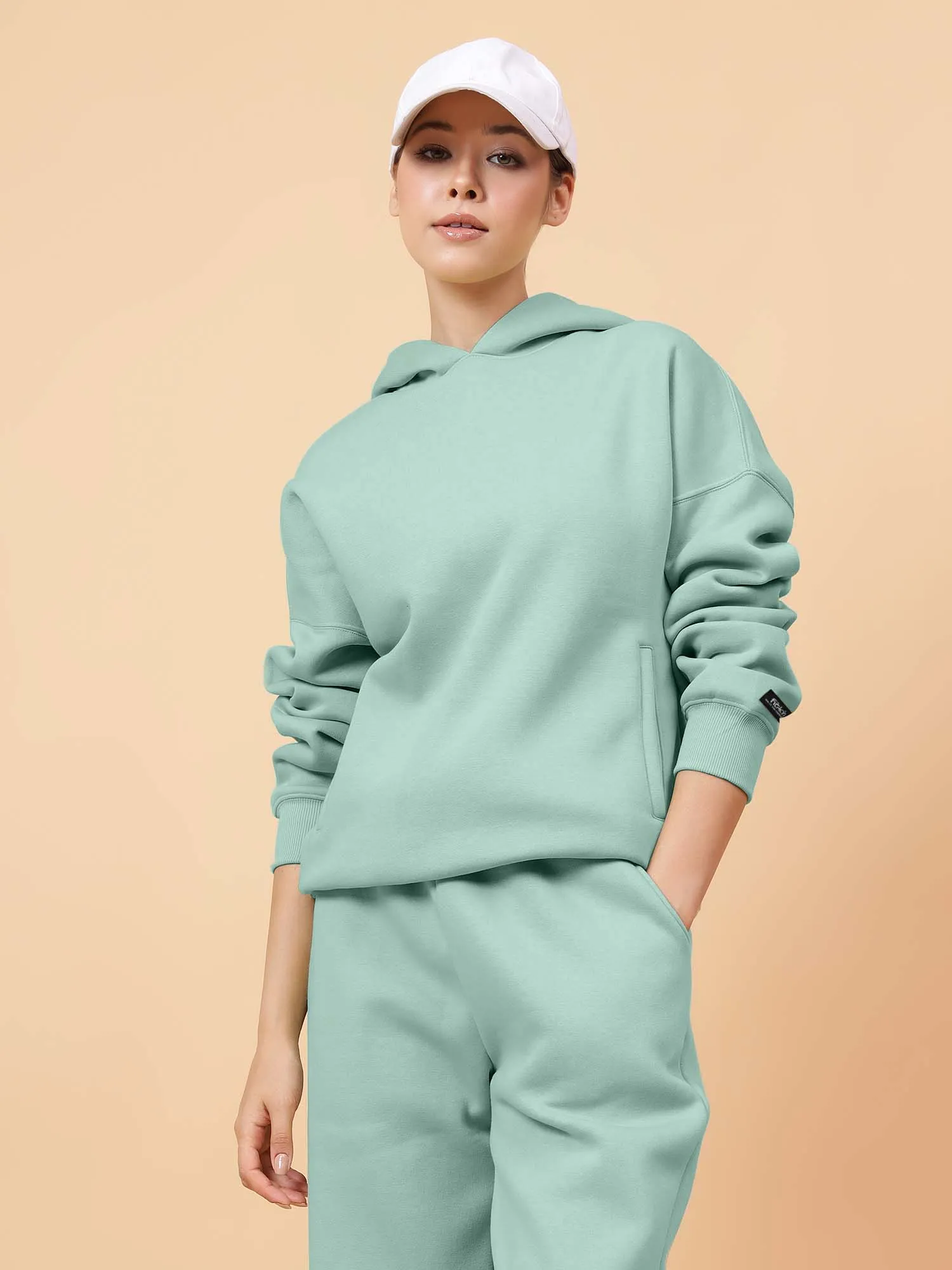 Fitkin Women Solid Turquoise Blue CozyCore Fleece Hoodie