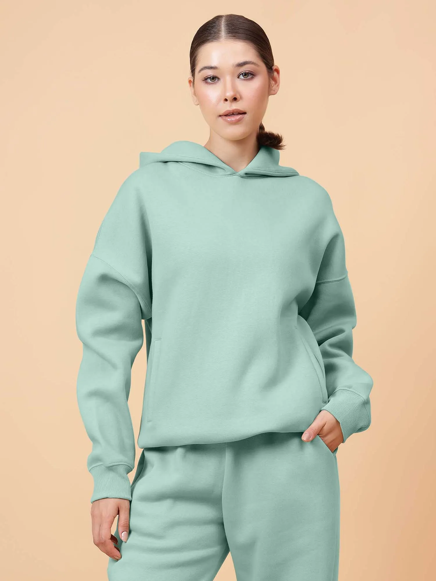 Fitkin Women Solid Turquoise Blue CozyCore Fleece Hoodie