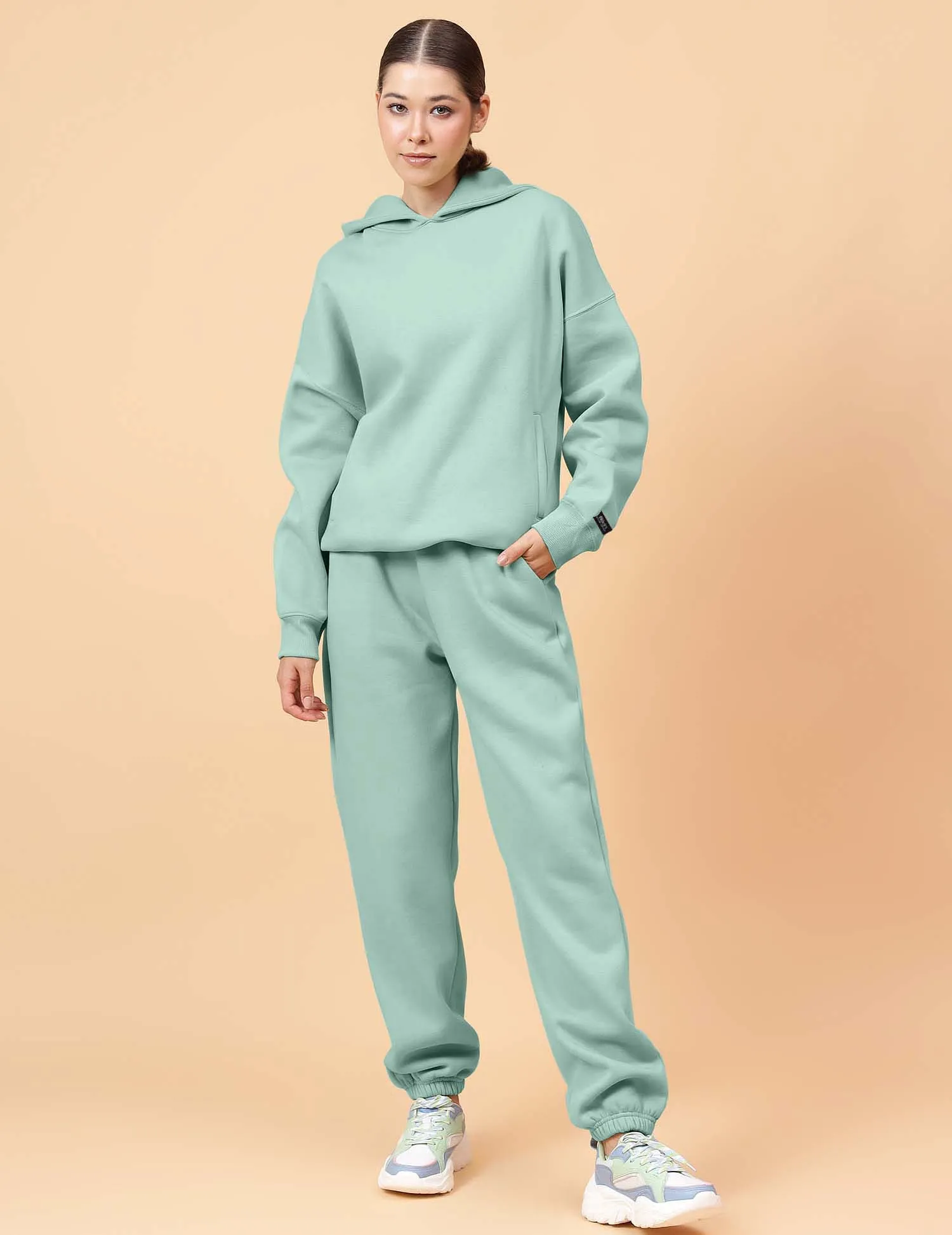 Fitkin Women Solid Turquoise Blue CozyCore Fleece Hoodie