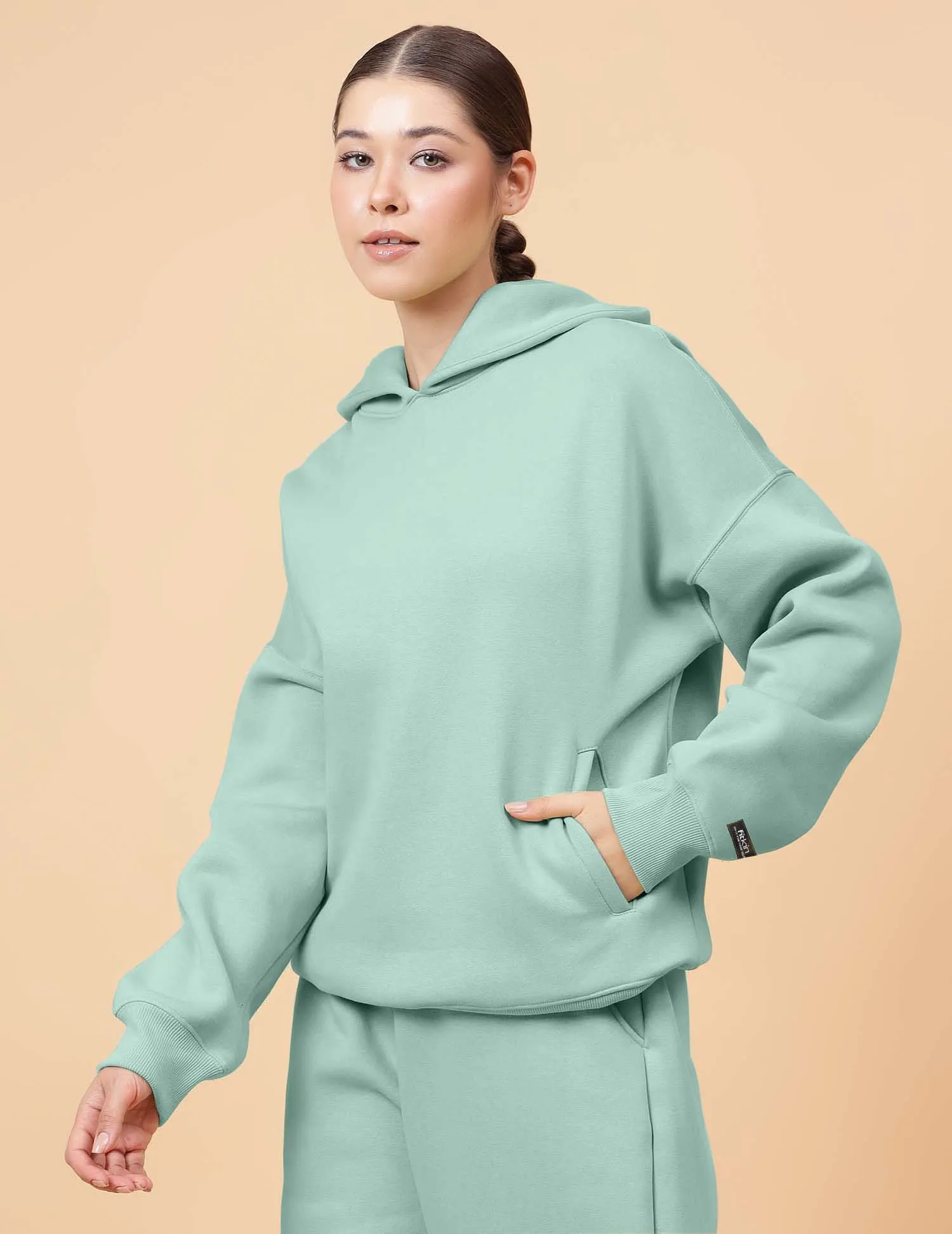 Fitkin Women Solid Turquoise Blue CozyCore Fleece Hoodie