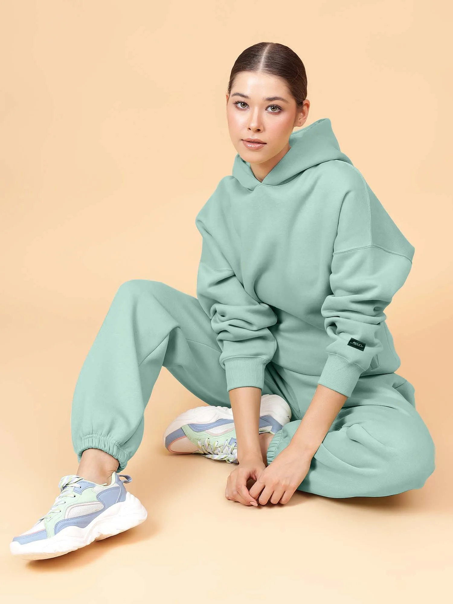 Fitkin Women Solid Turquoise Blue CozyCore Fleece Hoodie