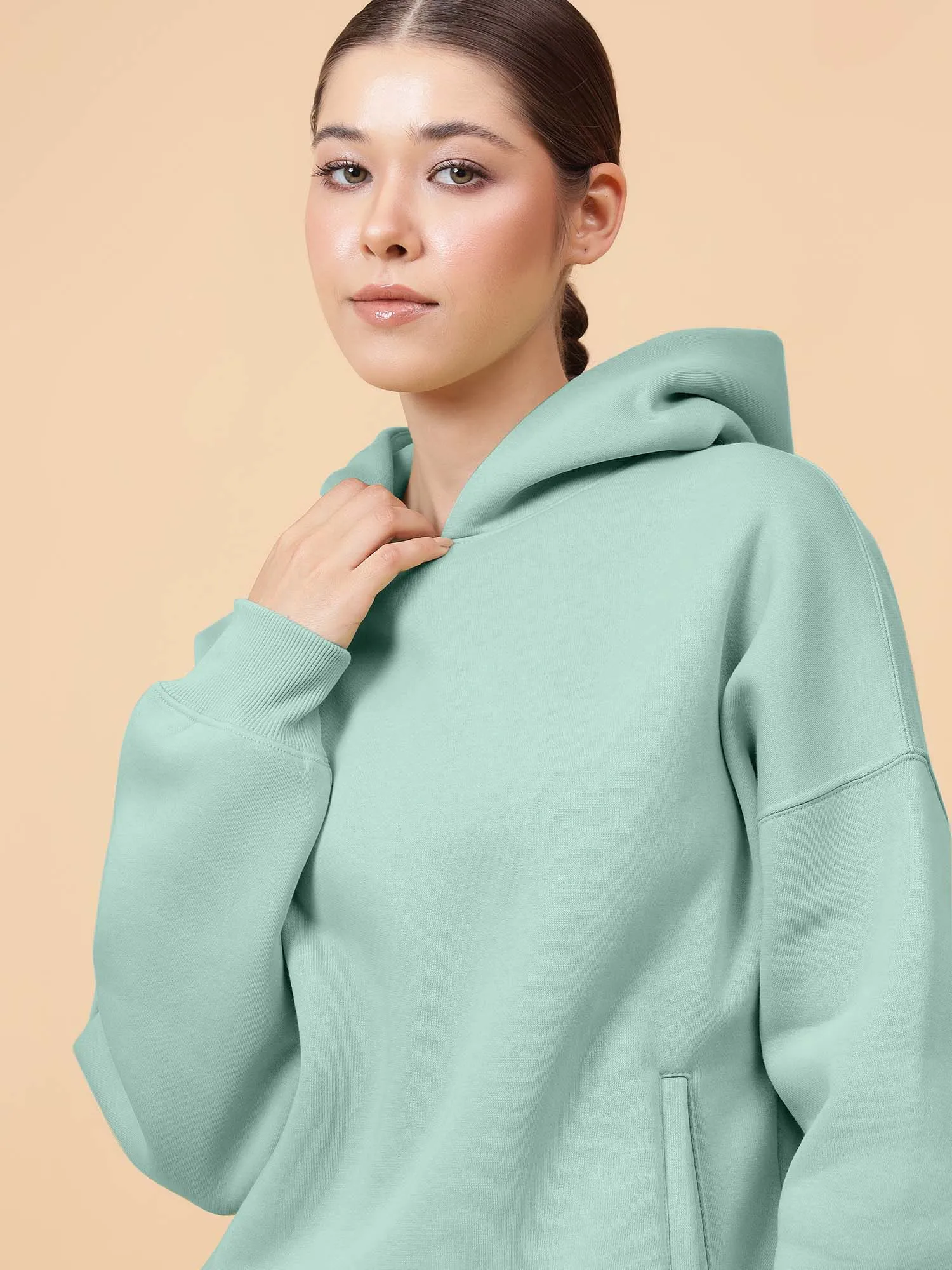 Fitkin Women Solid Turquoise Blue CozyCore Fleece Hoodie