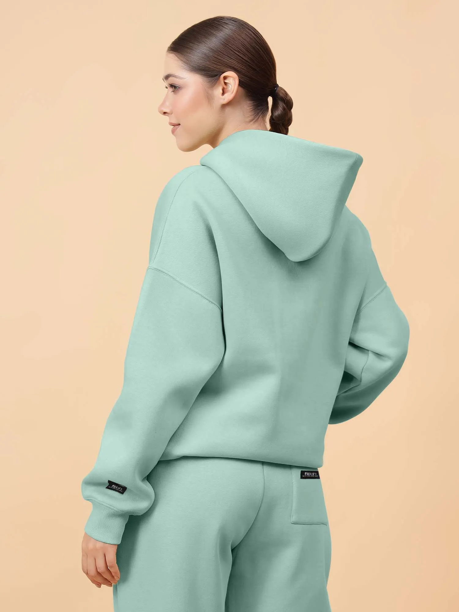 Fitkin Women Solid Turquoise Blue CozyCore Fleece Hoodie