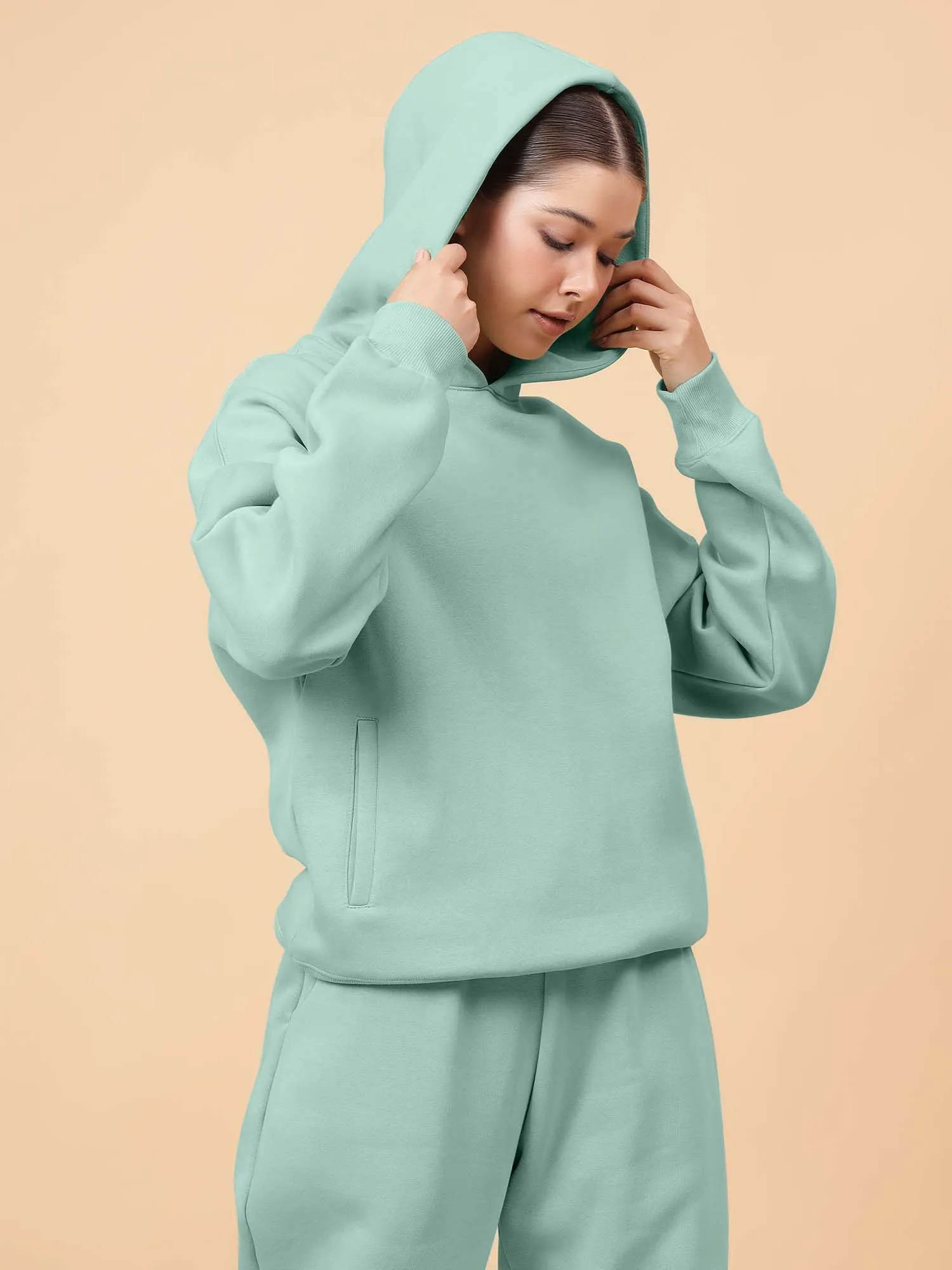 Fitkin Women Solid Turquoise Blue CozyCore Fleece Hoodie