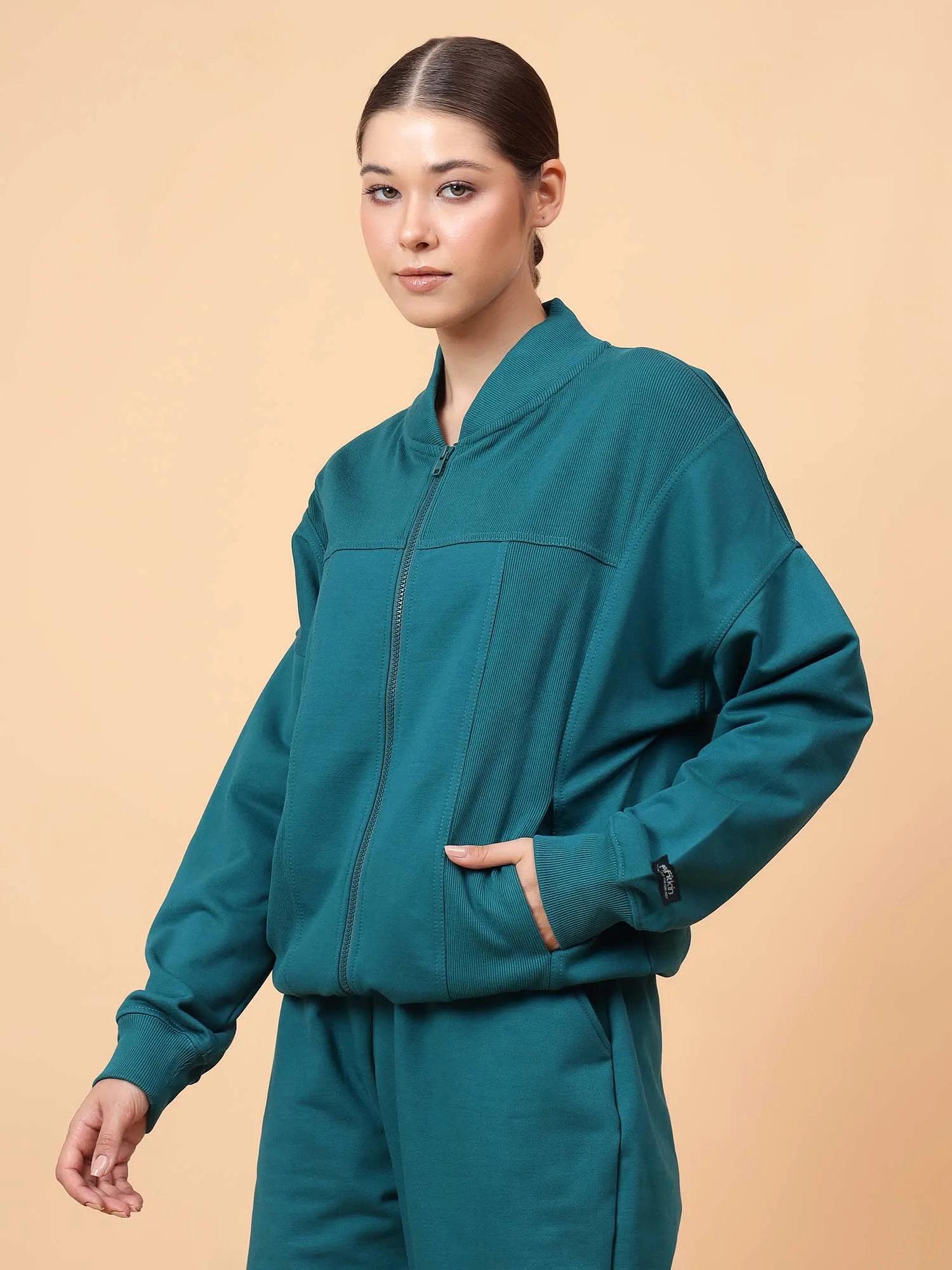 Fitkin Women Teal Green ActiveHeat Bomber Jacket