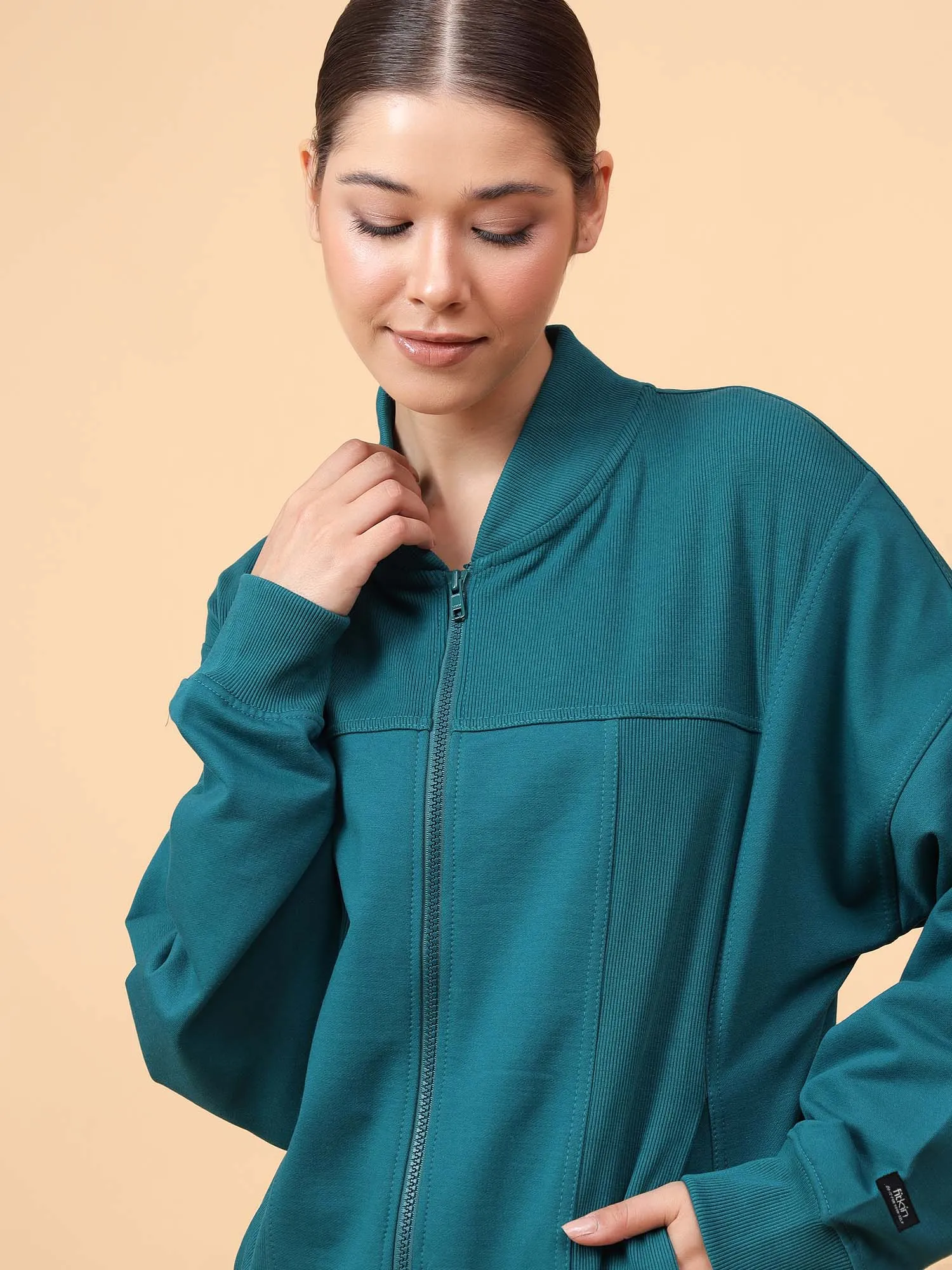 Fitkin Women Teal Green ActiveHeat Bomber Jacket