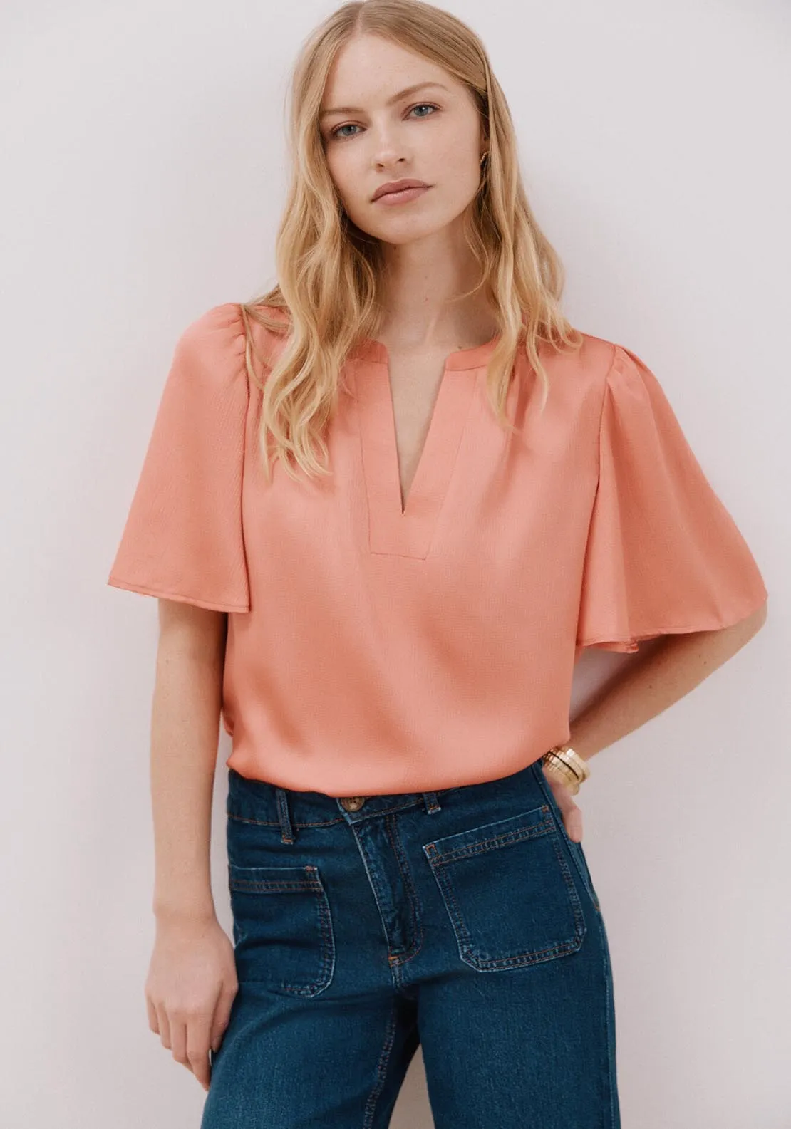 Flared Sleeve Blouse - Coral
