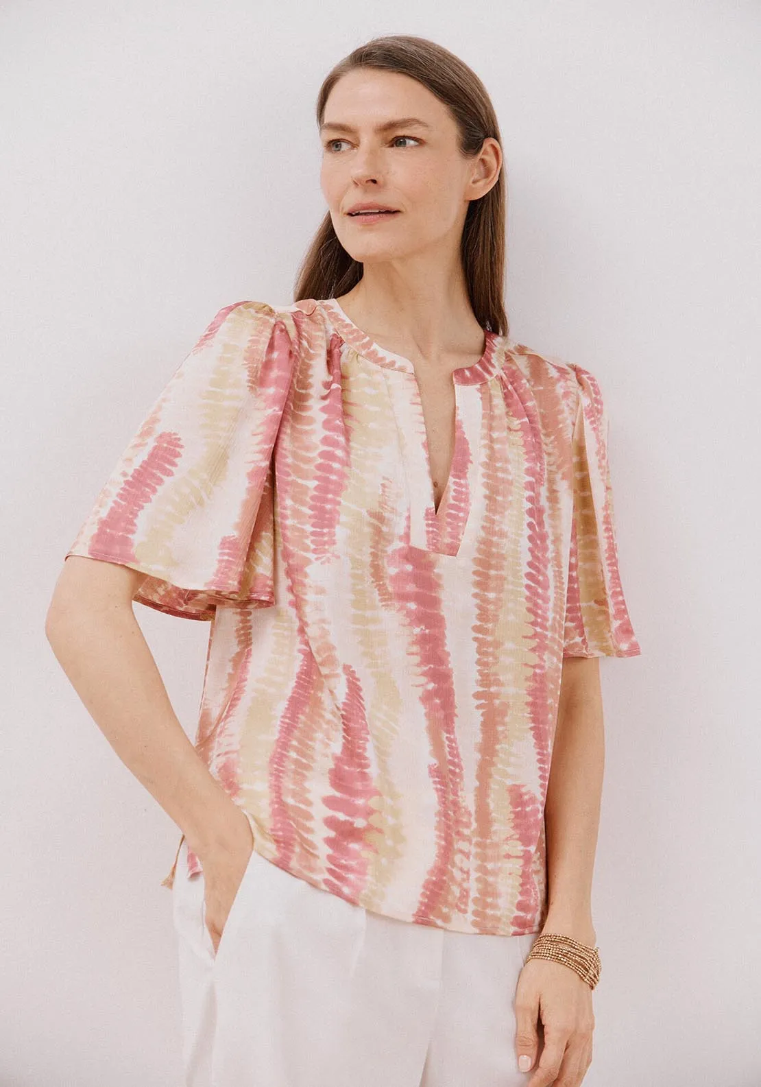 Flared Sleeve Blouse - Yellow Print