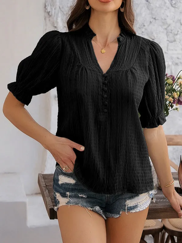 Flared Sleeves Half Sleeves Buttoned Ruffle Trim Solid Color V-Neck Blouses&Shirts Tops