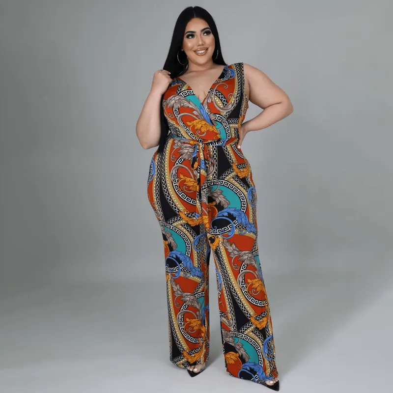 Gianna Plus Size Sleeveless V-Neck Wrap Wide Leg Jumpsuit