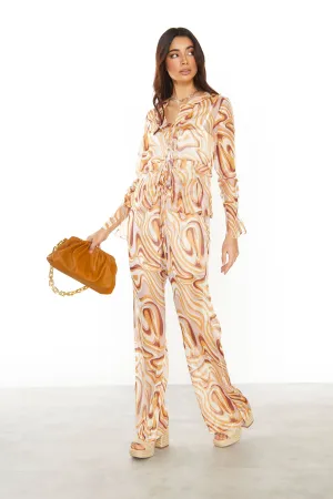 Glamorous Retro Marble Tie Front Ruffle Sheer Blouse