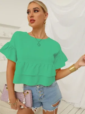 Green Ruffle Hem Peplum Top