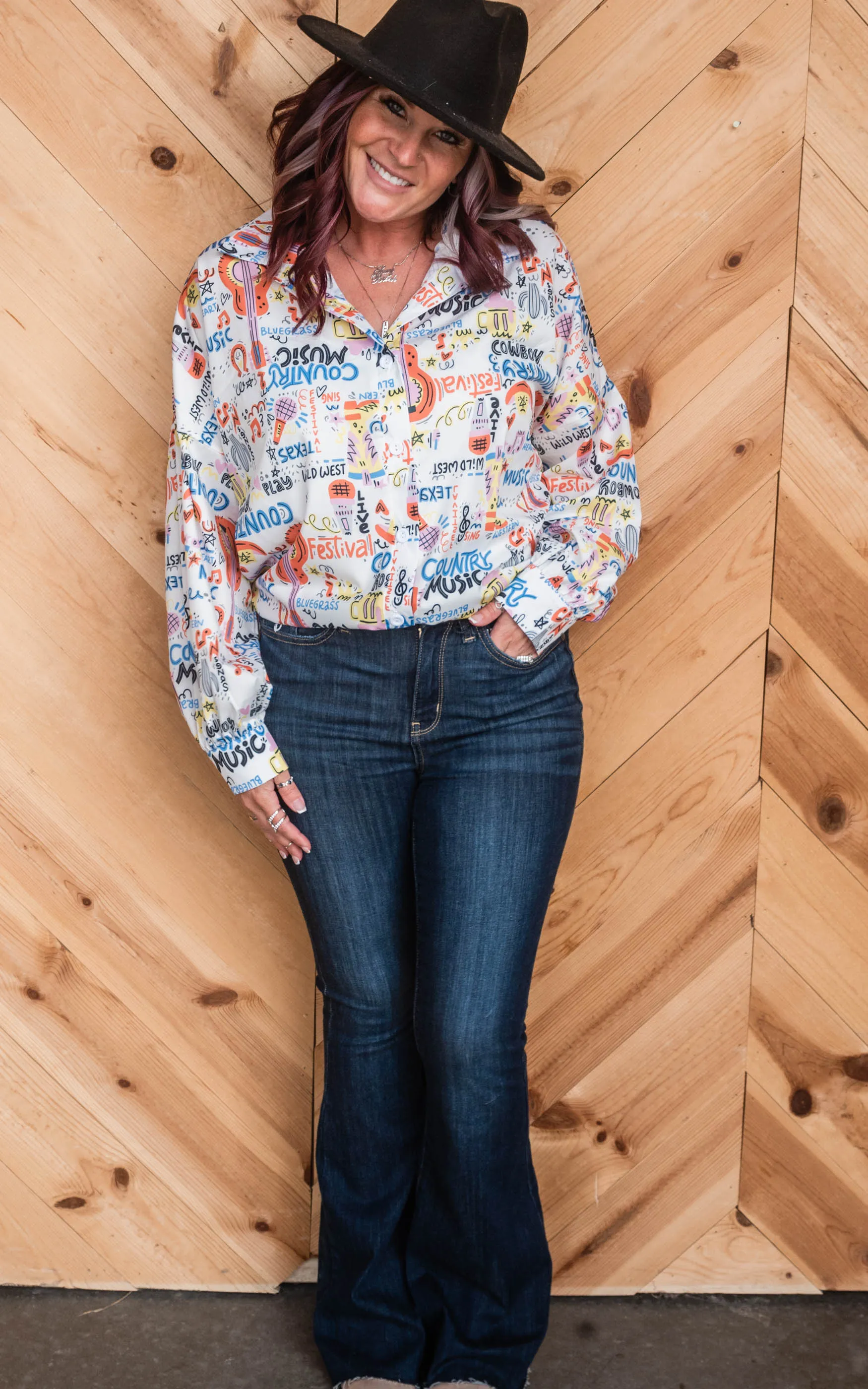 Guitar Country Music Button Up Blouse