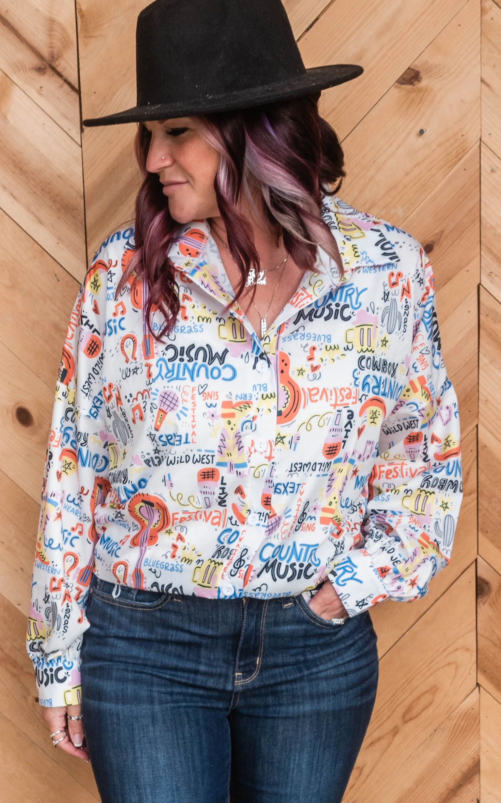 Guitar Country Music Button Up Blouse