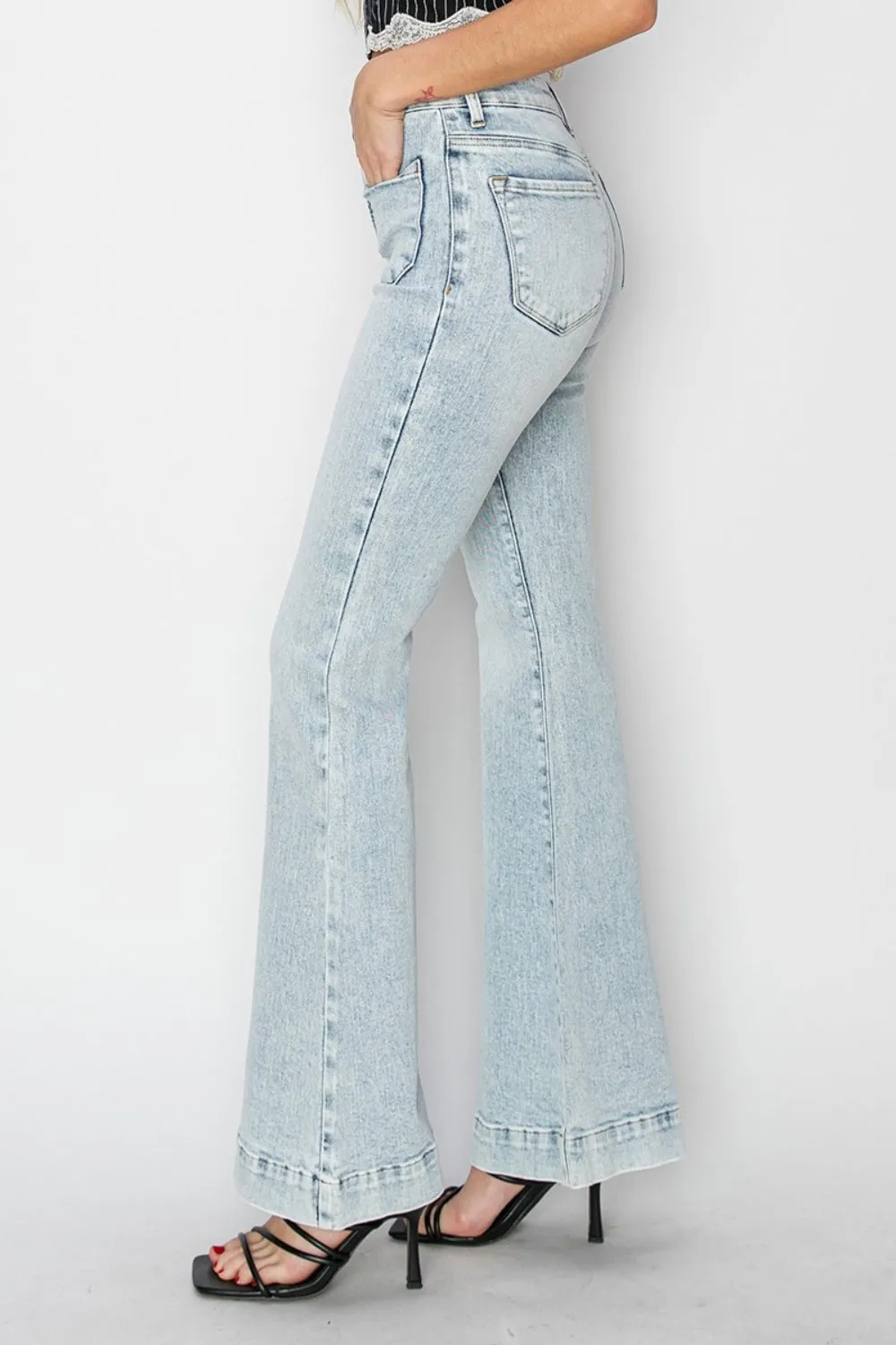 Hazel Blues® |  Risen High Rise Front Patch Pocket Flare Jeans
