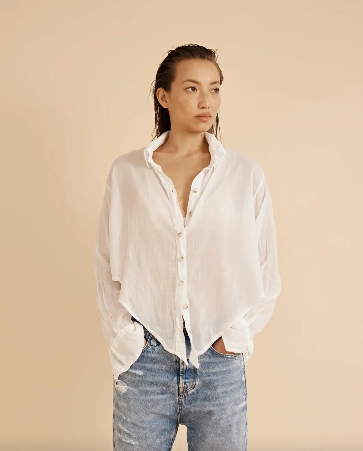 Healy Crop Button Down Gauze Shirt - White